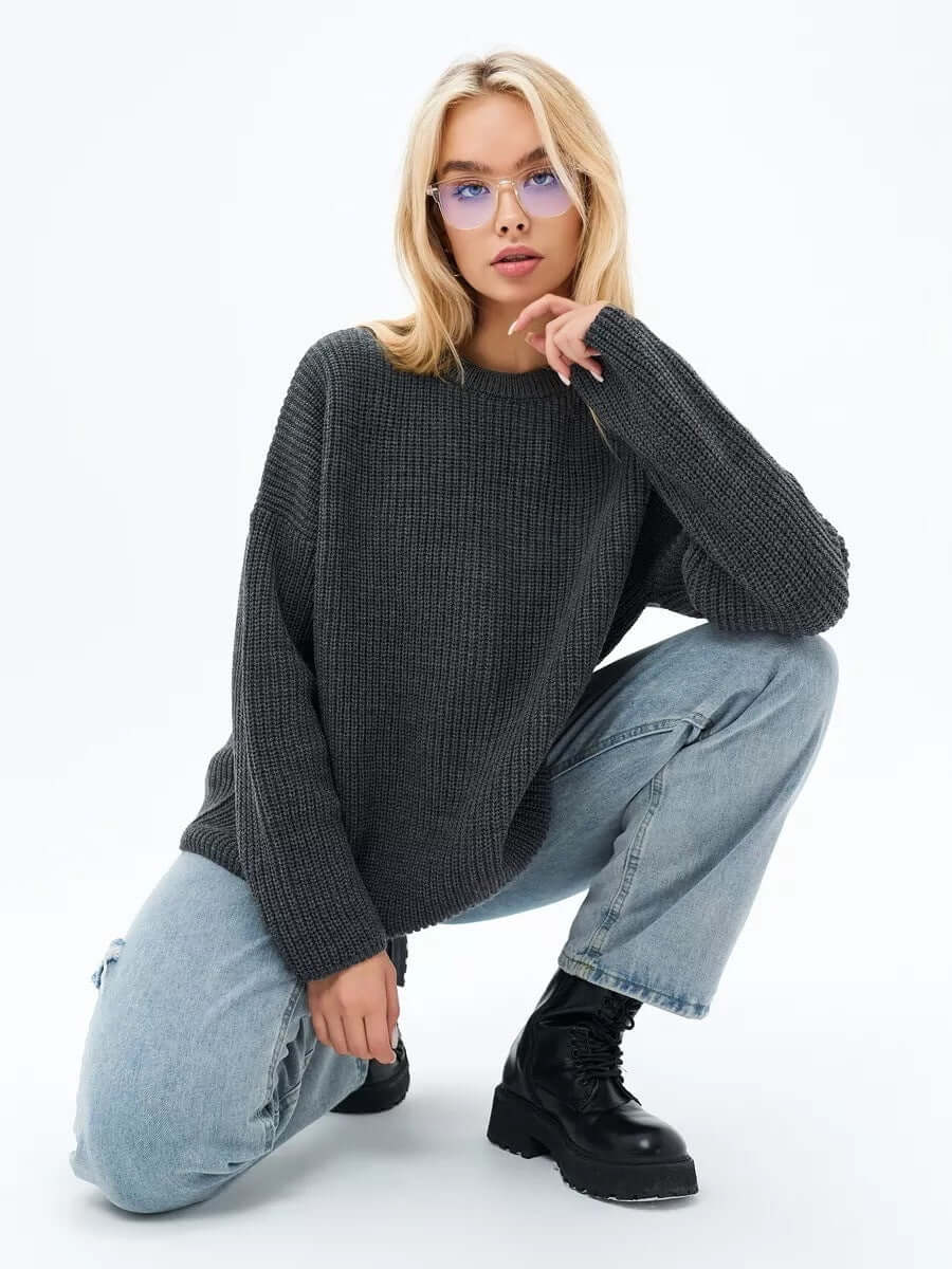 Pullover Damen Oversize Rundhalsausschnitt Rippstrick Langarm Bequem Casual