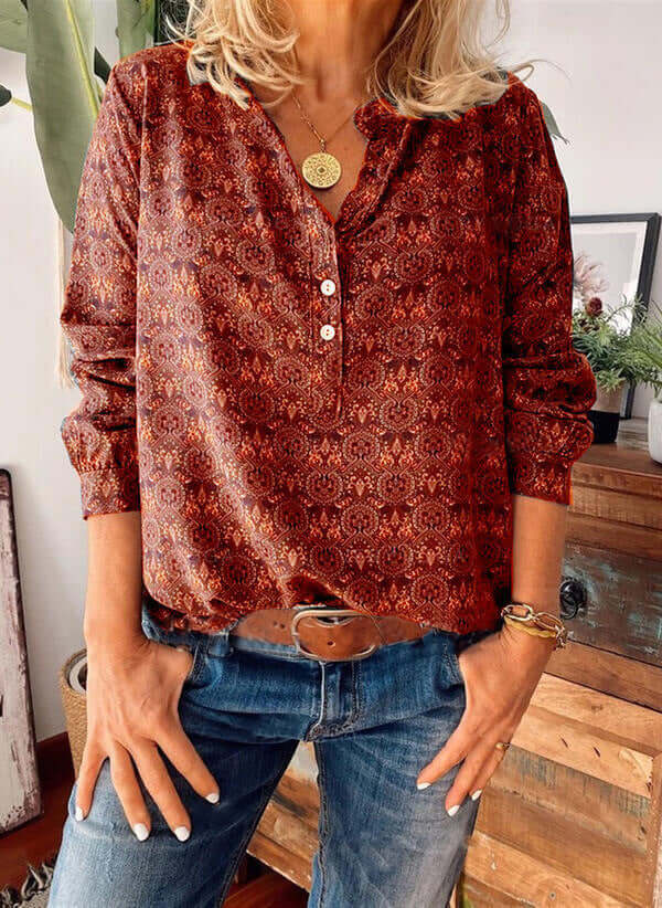 Printed Women's Casual Blouse with Cutout Neckline