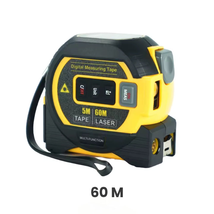 "3-in-1 Laser Distance Measuring Tape with digital display, 60m range, 5m steel tape, yellow-blue, for precise measurements"