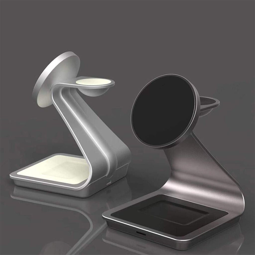 "3-in-1 magnetic wireless charger with sleek aluminum design for iPhone, Apple Watch, AirPods charging on desk, cable-free."