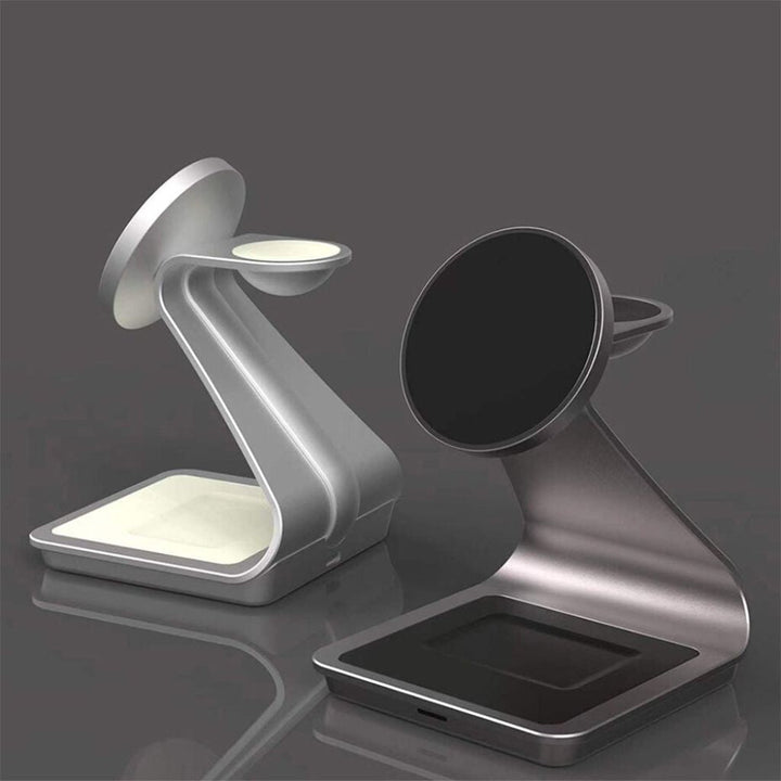 "3-in-1 magnetic wireless charger with sleek aluminum design for iPhone, Apple Watch, AirPods charging on desk, cable-free."