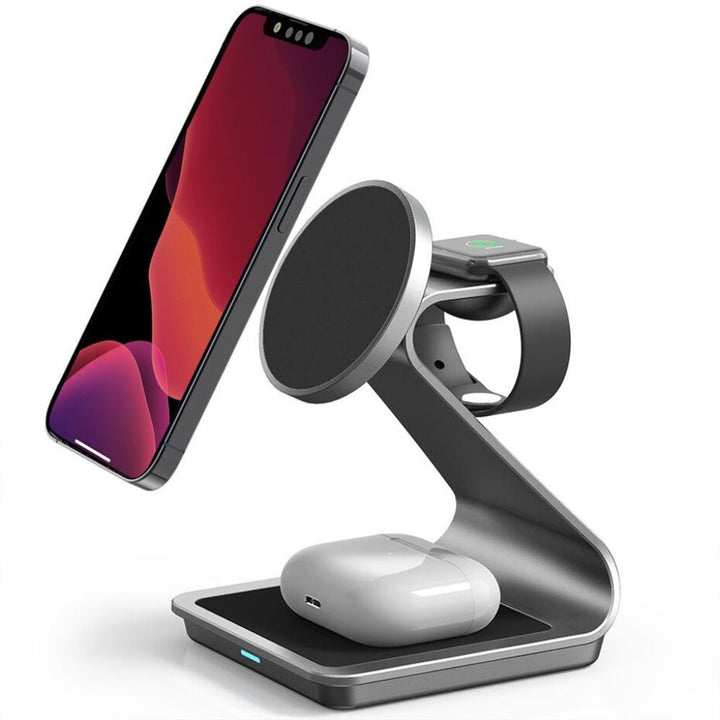 "3-in-1 magnetic wireless charger with sleek aluminum design for iPhone, Apple Watch, AirPods charging on desk, cable-free."