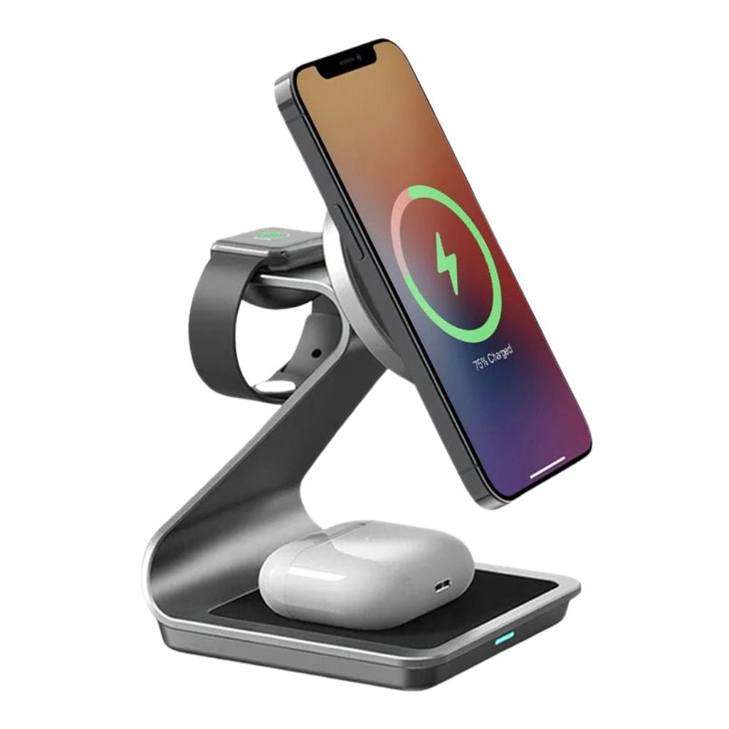 "3-in-1 magnetic wireless charger with sleek aluminum design for iPhone, Apple Watch, AirPods charging on desk, cable-free."