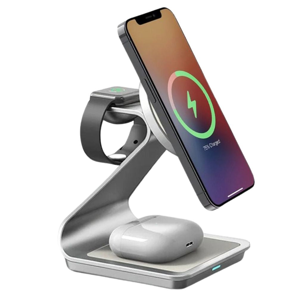 "3-in-1 magnetic wireless charger with sleek aluminum design for iPhone, Apple Watch, AirPods charging on desk, cable-free."