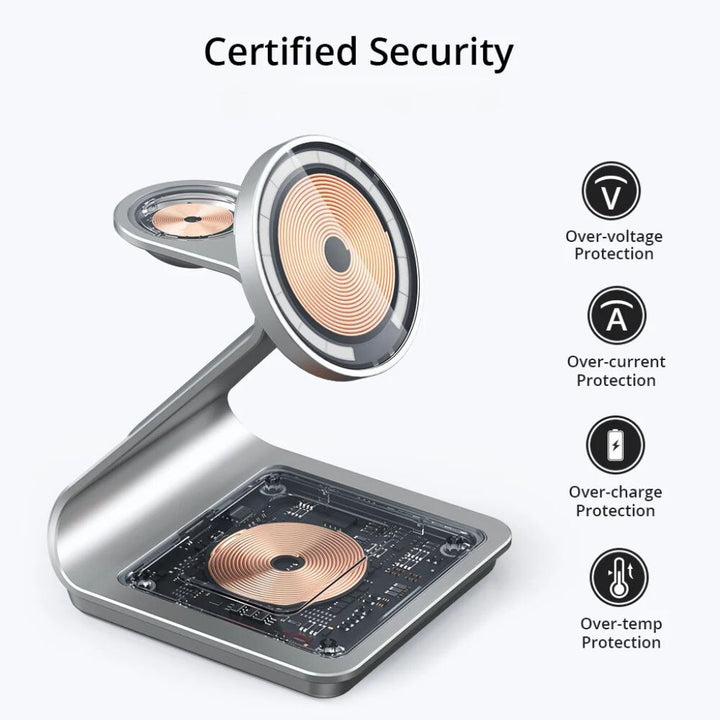 "3-in-1 magnetic wireless charger with sleek aluminum design for iPhone, Apple Watch, AirPods charging on desk, cable-free."