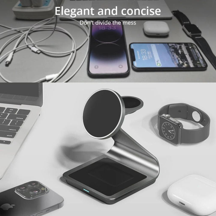 "3-in-1 magnetic wireless charger with sleek aluminum design for iPhone, Apple Watch, AirPods charging on desk, cable-free."