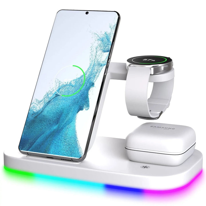 3-in-1 wireless charging station for Samsung Galaxy phone, watch, and earbuds with sleek, modern design, compact size.