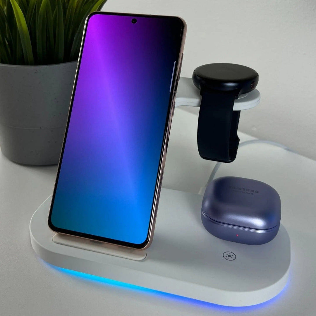 3-in-1 wireless charging station for Samsung Galaxy phone, watch, and earbuds with sleek, modern design, compact size.