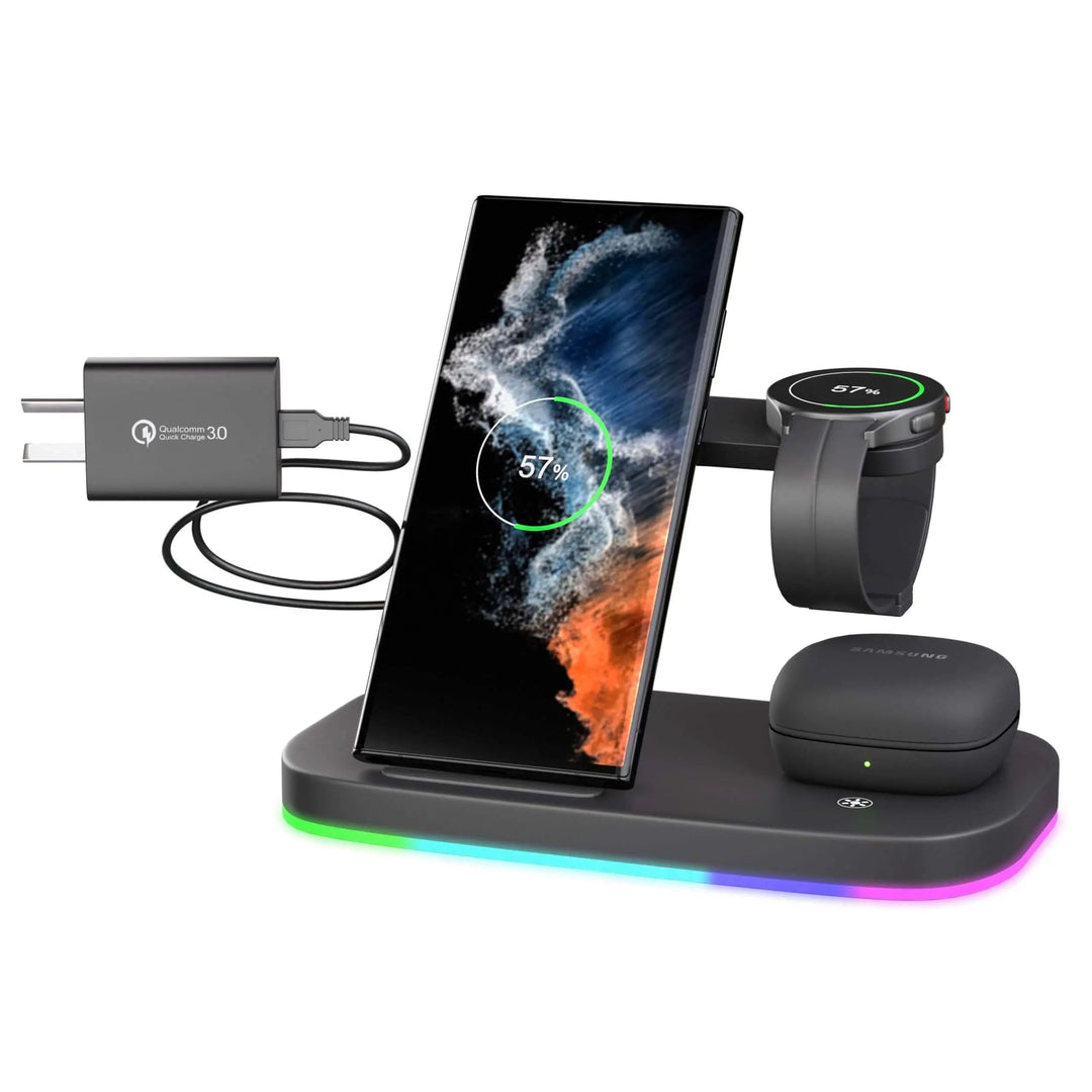 3-in-1 wireless charging station for Samsung Galaxy phone, watch, and earbuds with sleek, modern design, compact size.