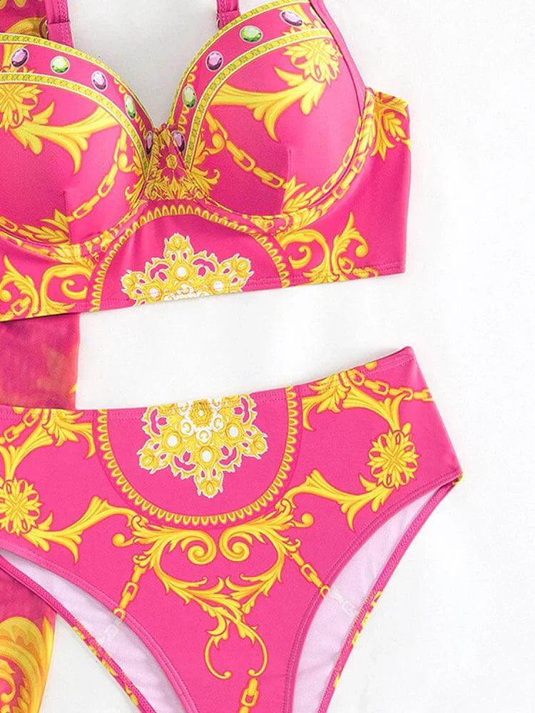 Bohemian High-Waist Bikini Set with Cover-Up