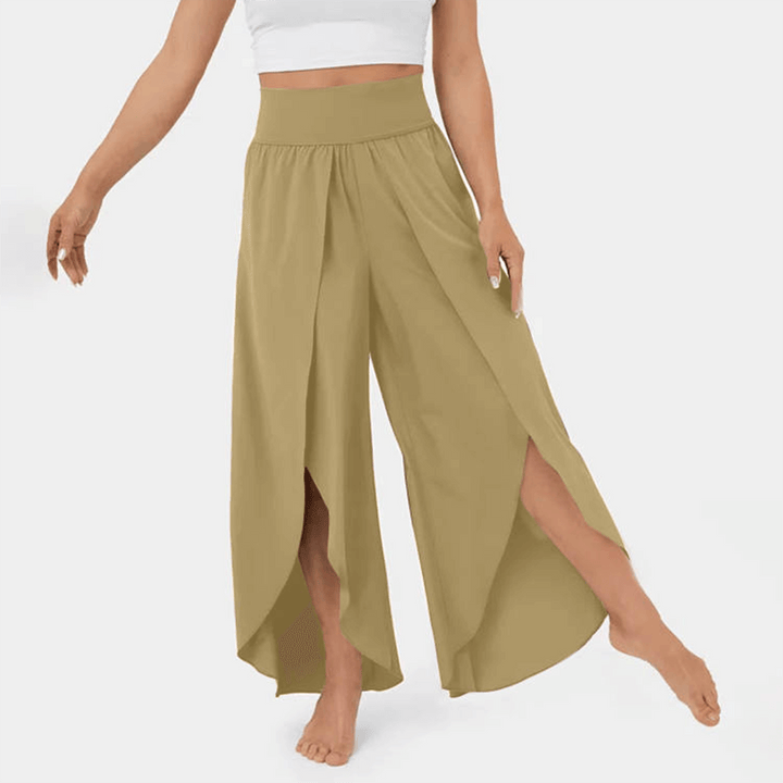 Flared Casual Trousers - High-Waisted Split Hem