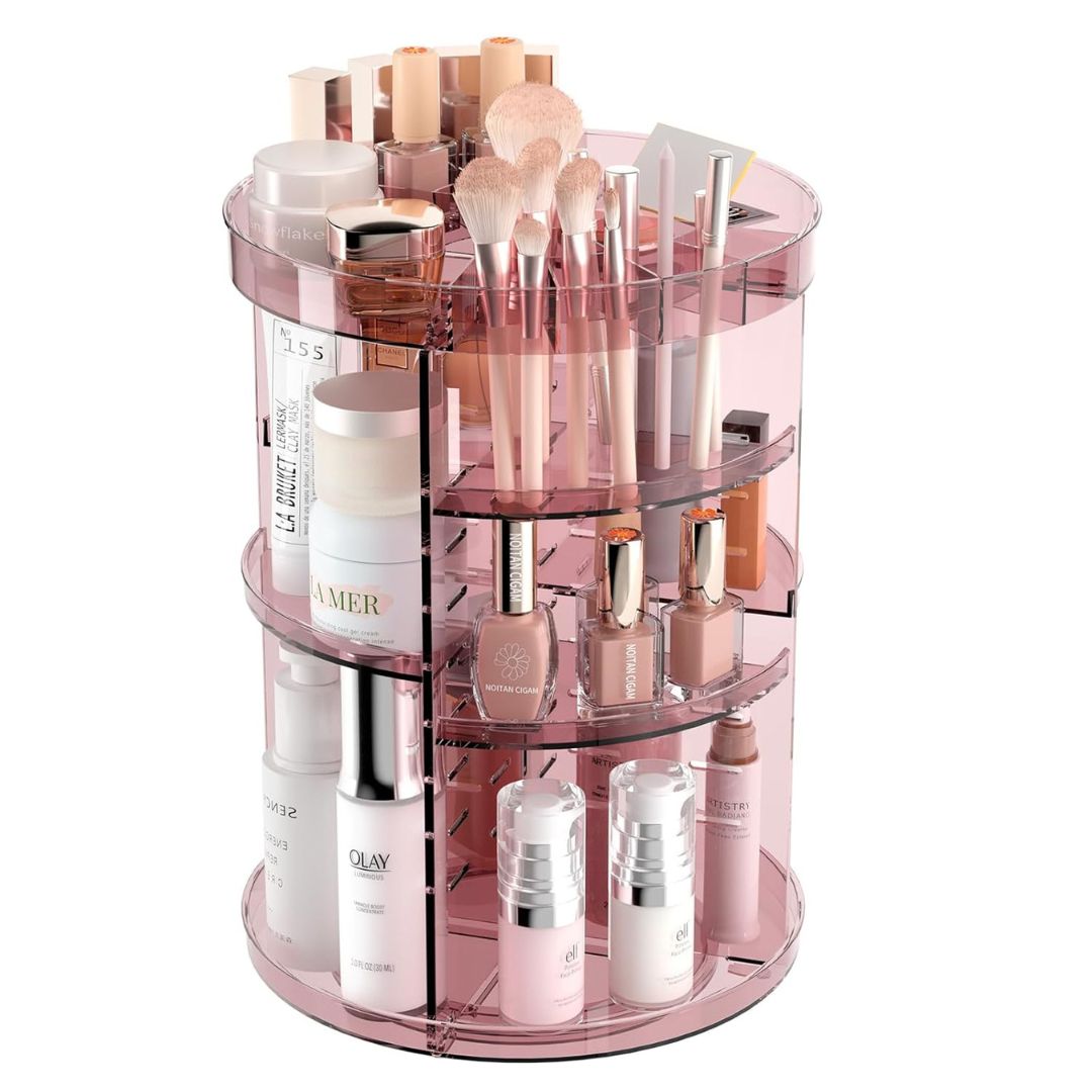 "360° Rotating Makeup Organizer with adjustable layers, sleek design, 7 lipstick slots, 7 brush holes, non-slip base."