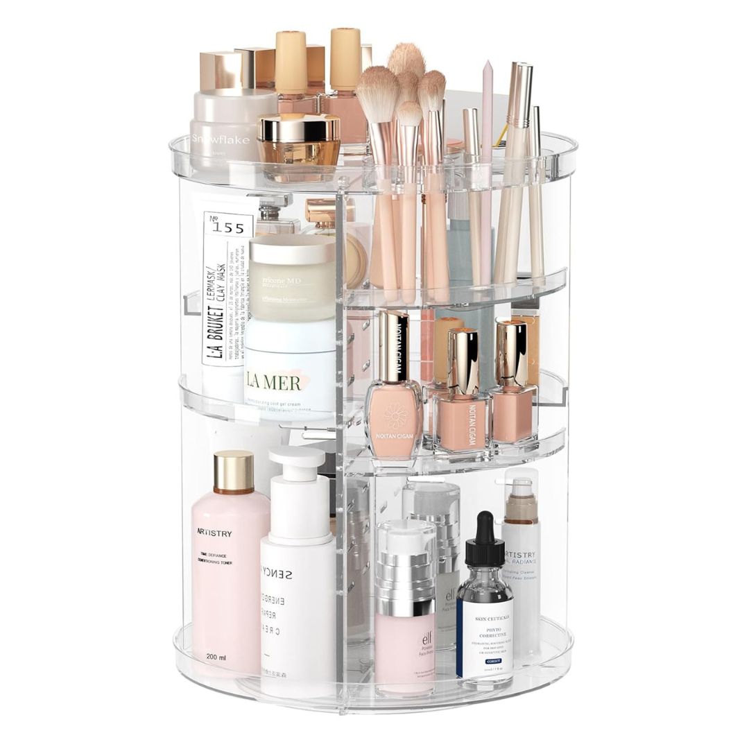 "360° Rotating Makeup Organizer with adjustable layers, sleek design, 7 lipstick slots, 7 brush holes, non-slip base."