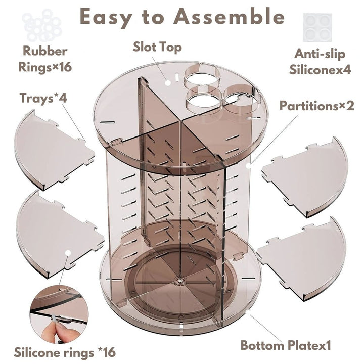 "360° Rotating Makeup Organizer with adjustable layers, sleek design, 7 lipstick slots, 7 brush holes, non-slip base."