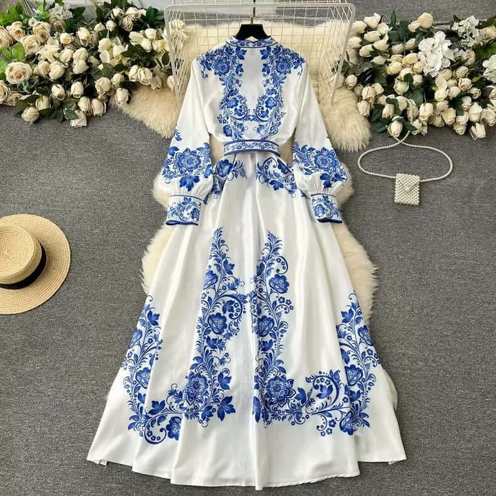 Printed Belted Flare Midi Dress