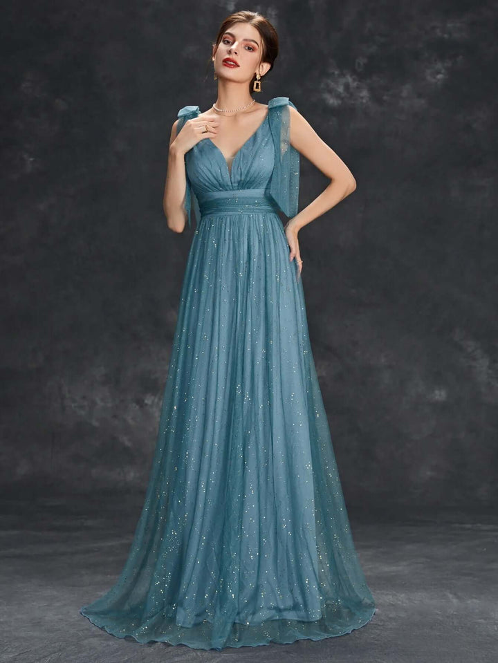 Glitter Embellished V-Neck Sleeveless Floor-Length Evening Gown