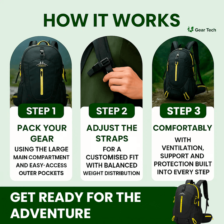 "40L waterproof hiking backpack with multiple compartments, adjustable straps, and durable design for outdoor adventures."