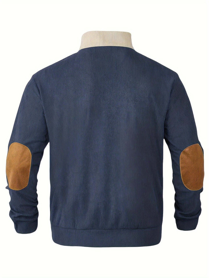 Men's Ribbed Quarter Button Sweater with Elbow Patches