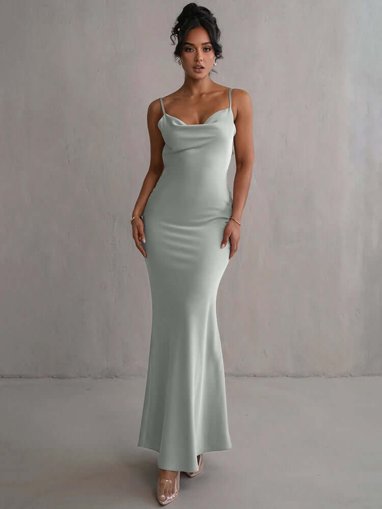 Satin Backless Floral Appliqué Evening Gown