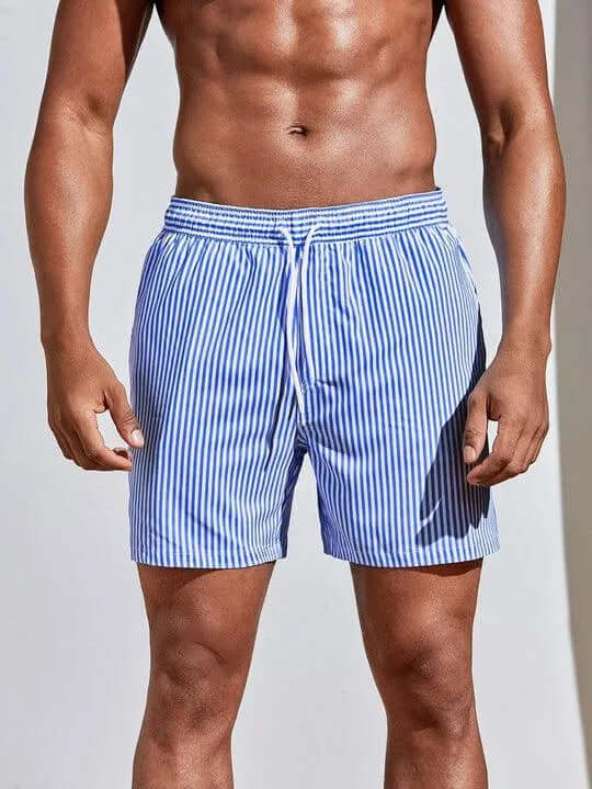 Men's Striped Quick-Dry Swim Shorts with Drawstring