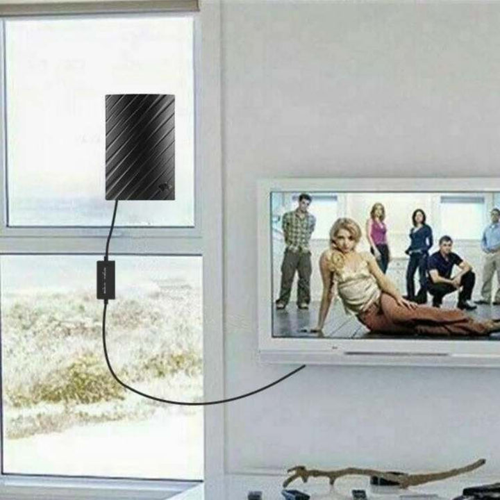 4K Indoor TV Aerial with sleek design and 600-mile range, enabling free access to HD and 4K channels without cable bills.