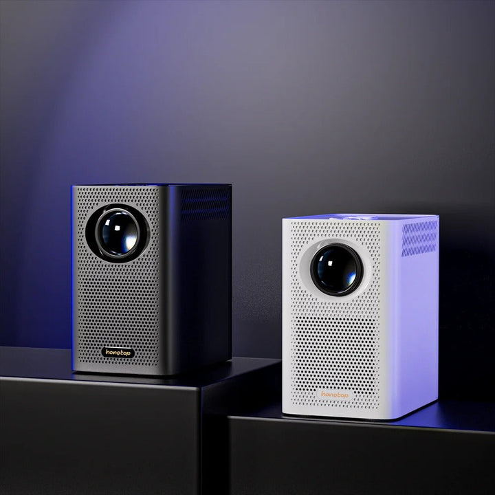 4K Smart Android Projector with WiFi, showcasing compact design, HDMI ports, and lens for cinematic quality visuals.