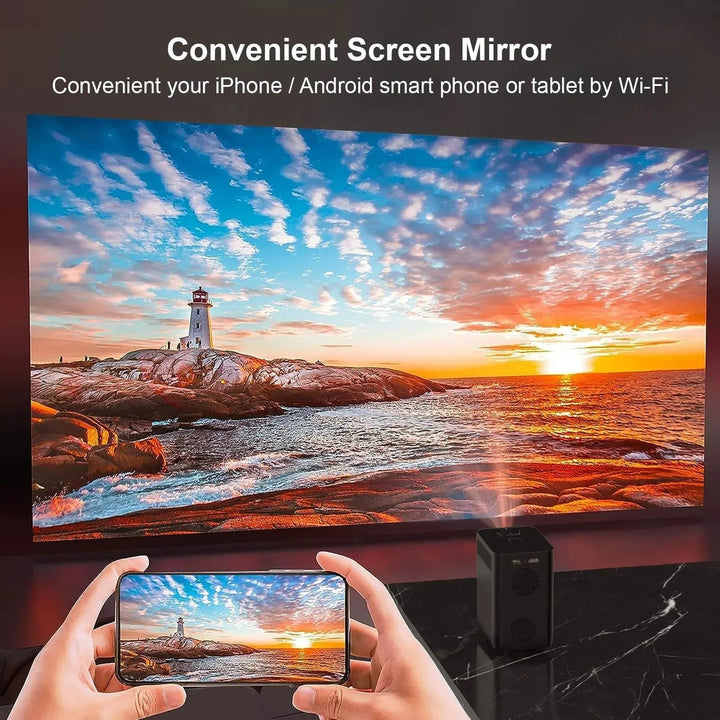 4K Smart Android Projector with WiFi, showcasing compact design, HDMI ports, and lens for cinematic quality visuals.