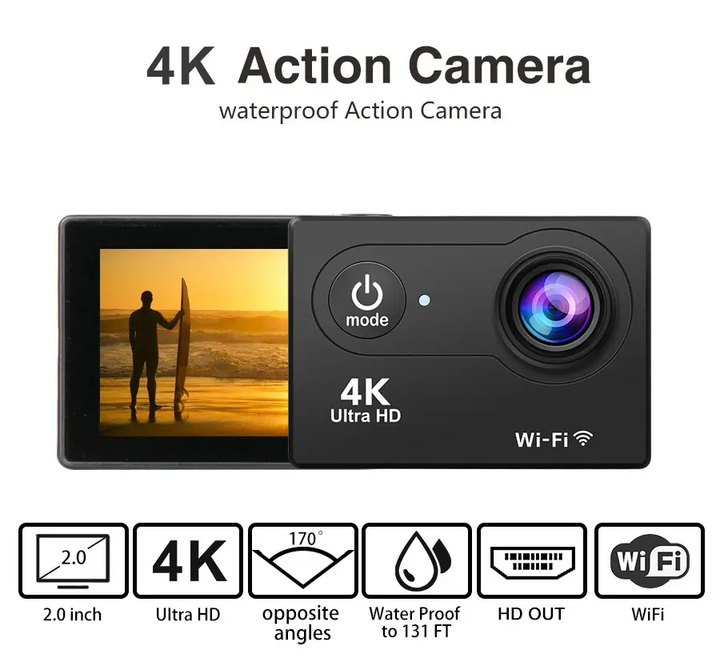 "4K sports action camera with wide-angle lens, waterproof design, and versatile mounts for capturing adventure footage."