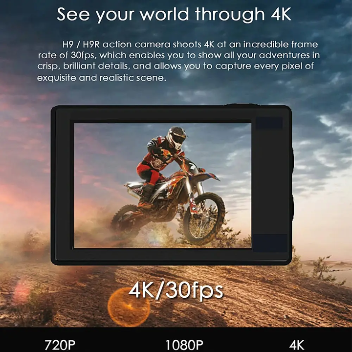 "4K sports action camera with wide-angle lens, waterproof design, and versatile mounts for capturing adventure footage."