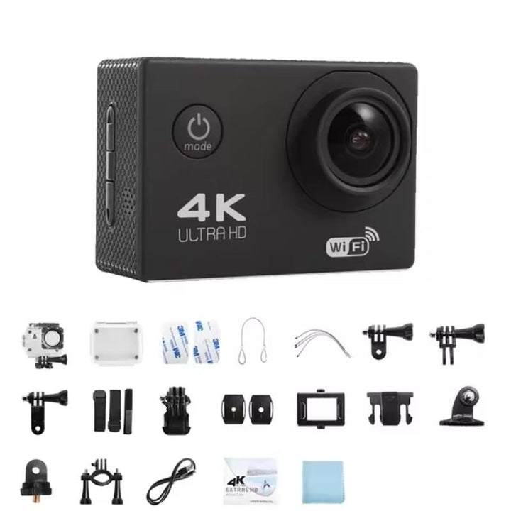 "4K Ultra HD sport camera, waterproof, WiFi enabled; captures panoramic action shots with 140° wide-angle lens."