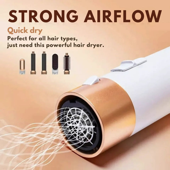 "5-in-1 hair styler with air tech, five attachments, sleek silver design for curling, drying, smoothing, volumizing."