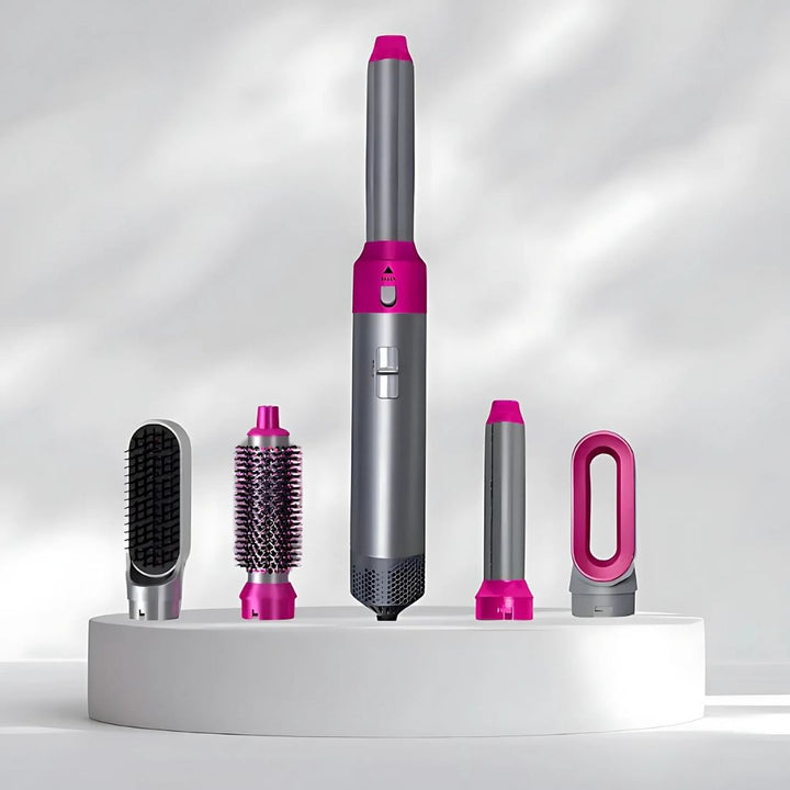 "5-in-1 hair styler with air tech, five attachments, sleek silver design for curling, drying, smoothing, volumizing."