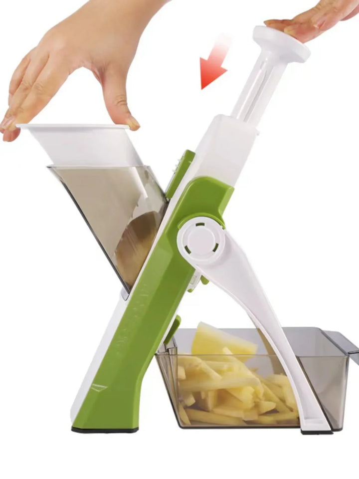 "5-in-1 vegetable slicer with interchangeable blades, non-slip base, and hand guard, shown in multiple color options."