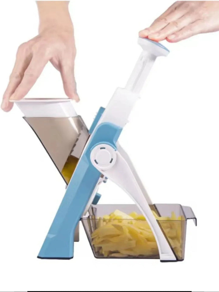 "5-in-1 vegetable slicer with interchangeable blades, non-slip base, and hand guard, shown in multiple color options."