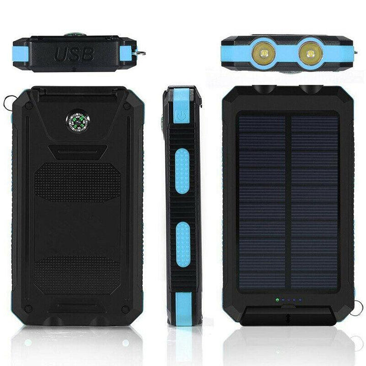 "500000mAh waterproof solar charger power bank, black and blue, dual USB, portable, ideal for outdoor adventures."