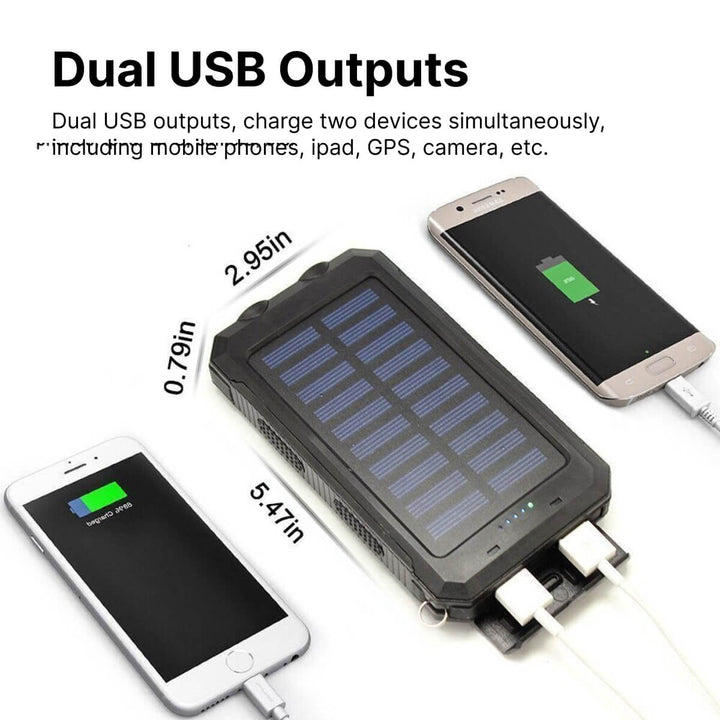 "500000mAh waterproof solar charger power bank, black and blue, dual USB, portable, ideal for outdoor adventures."