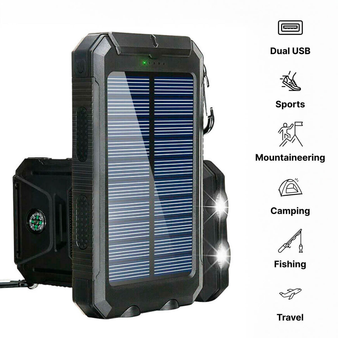 "500000mAh waterproof solar charger power bank, black and blue, dual USB, portable, ideal for outdoor adventures."