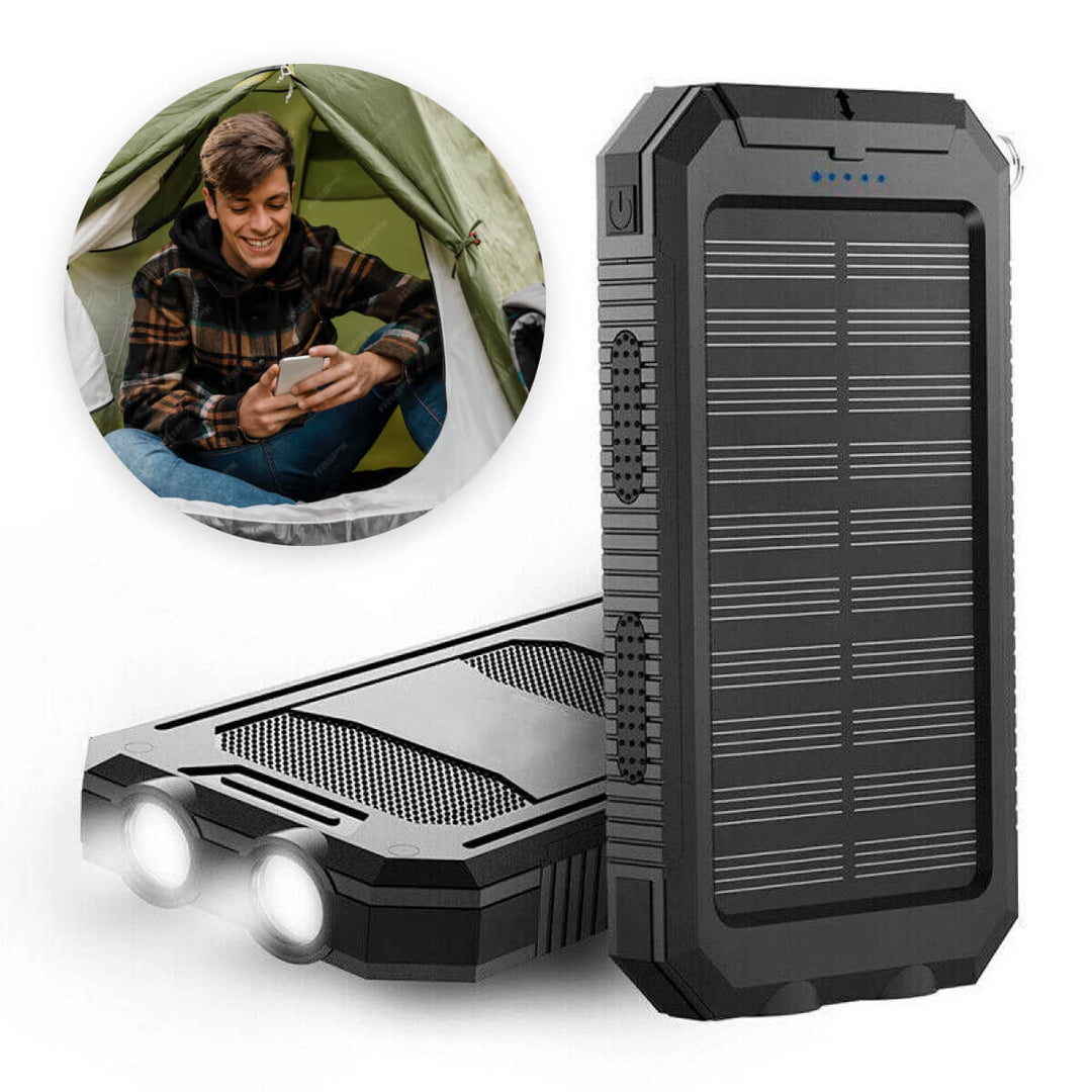 "500000mAh waterproof solar charger power bank, black and blue, dual USB, portable, ideal for outdoor adventures."