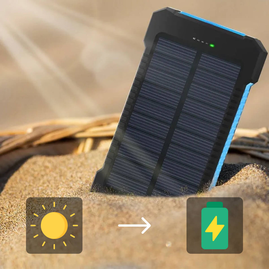 "500000mAh waterproof solar charger power bank, black and blue, dual USB, portable, ideal for outdoor adventures."