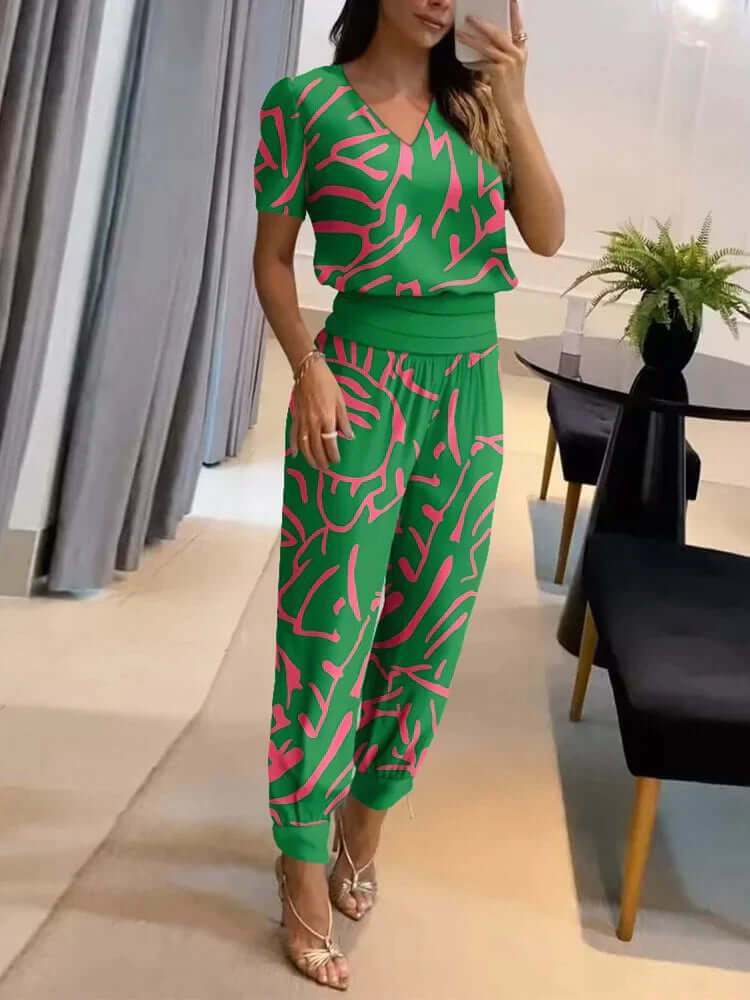Women's  V-Neck Top & Elastic Waist Pants