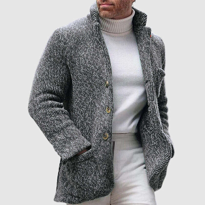 Men's Chunky Knit Cardigan with Stand-Up Collar