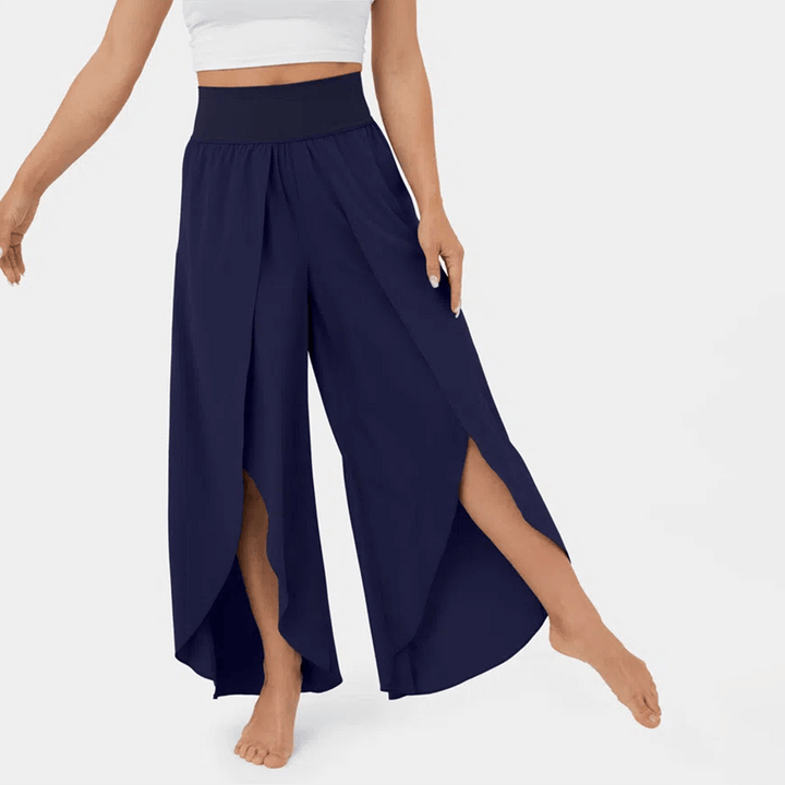 Flared Casual Trousers - High-Waisted Split Hem