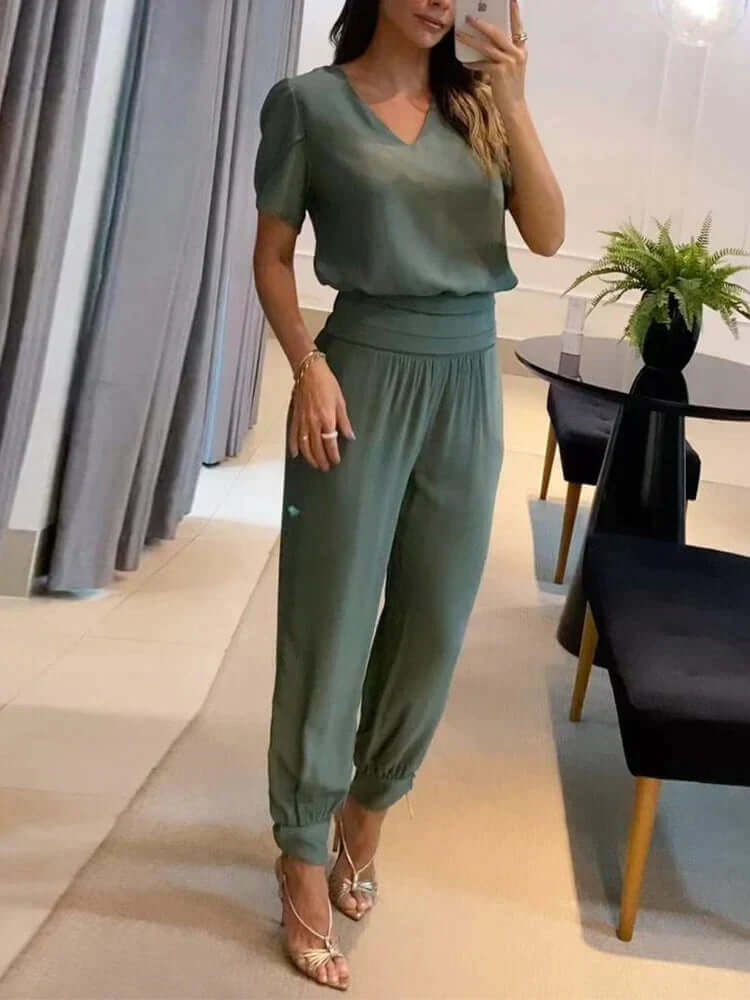 Women's  V-Neck Top & Elastic Waist Pants