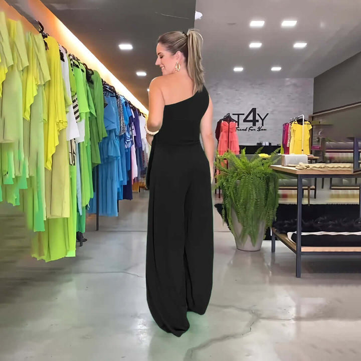 Elegant One-Shoulder Drape Wide-Leg Jumpsuit