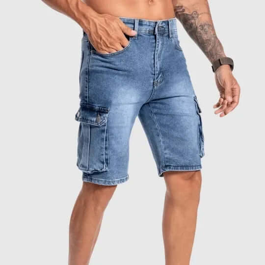 Men's Mid-Length Denim Cargo Shorts with Multiple Pockets