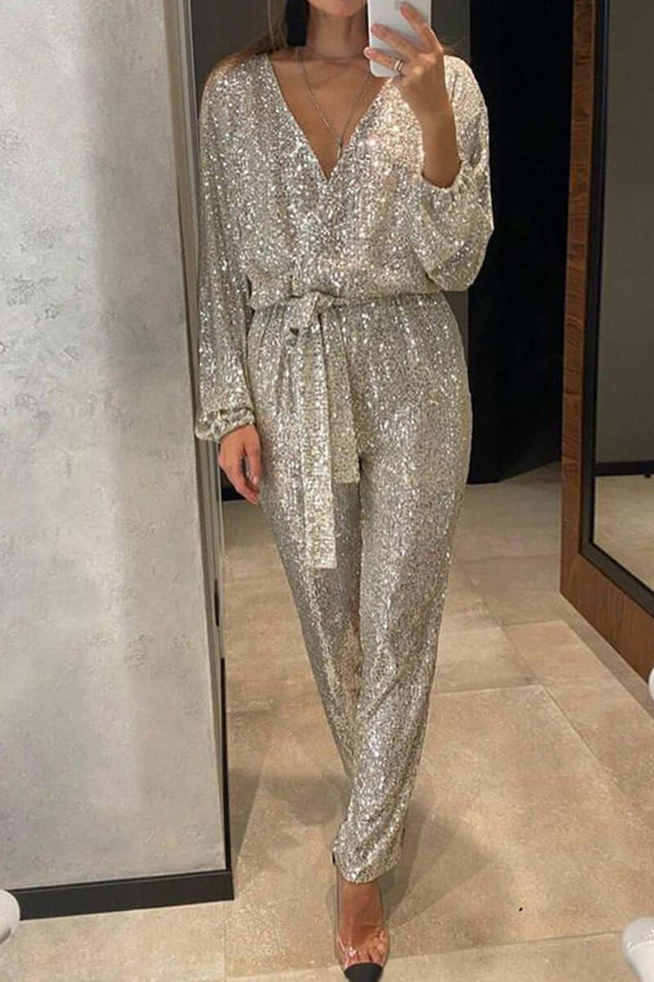 Sequin Bandage Jumpsuit with V-Neck