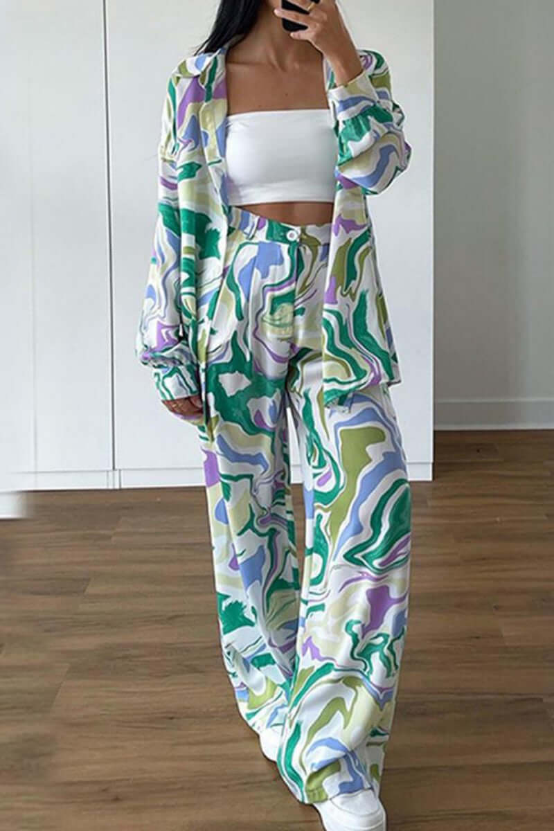 Printed Two-Piece Set with Cardigan & Pants