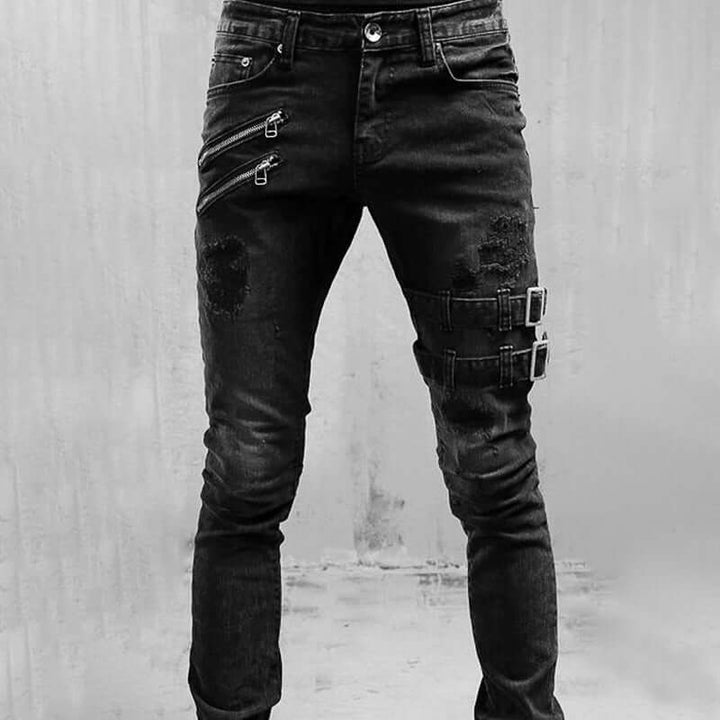 Men's Vintage Buckle Detail Denim Jeans