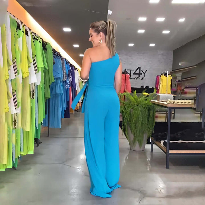 Elegant One-Shoulder Drape Wide-Leg Jumpsuit