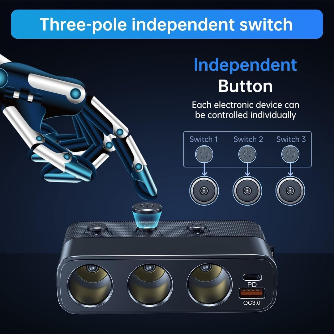 7-in-1 car adapter with 3 sockets, 4 USB ports, LED voltmeter, and quick charge, for charging multiple devices on the go.